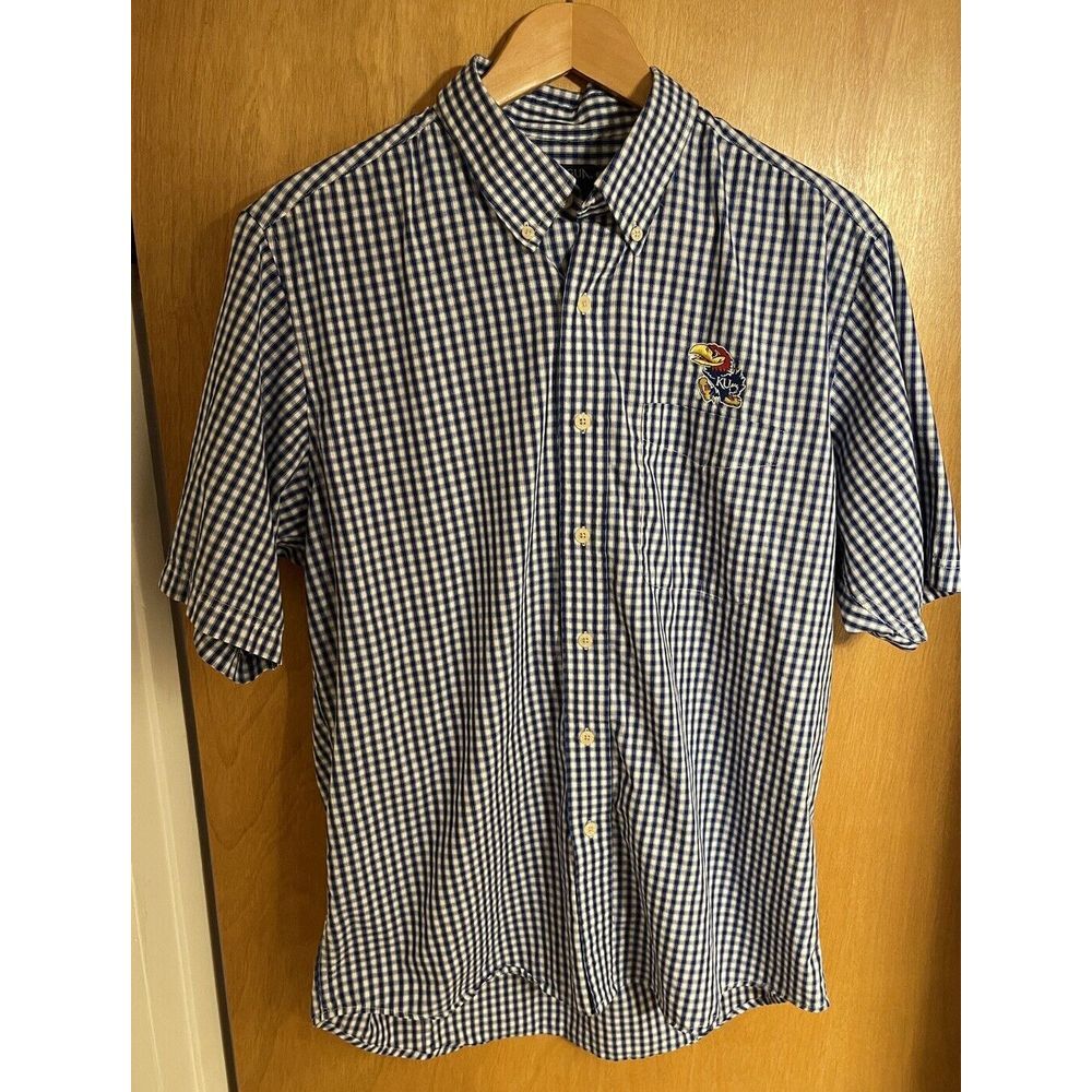 Kansas Jayhawks KU Blue Plaid Button Down Shirt Pocket Jayhawks Logo L